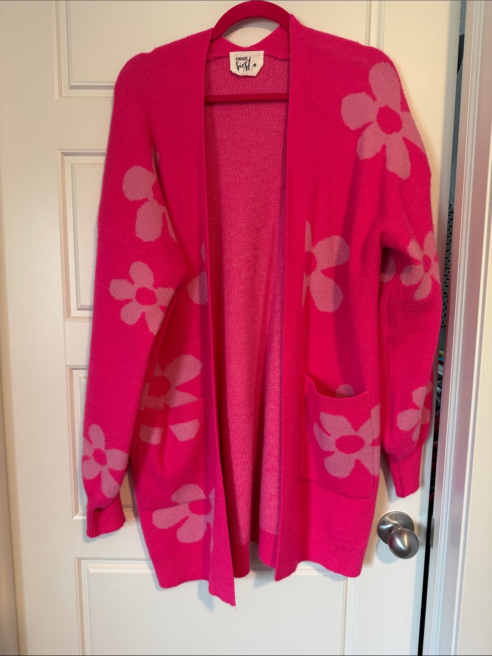 Open-Front Floral Cardigan Sweater - Hot Pink